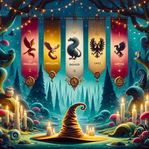 Create an enchanting scene depicting the Hogwarts sorting ceremony with a whimsical forest background and magical elements like floating candles and the Sorting Hat. Include symbols of the four houses: Gryffindor's lion, Ravenclaw's eagle, Hufflepuff's badger, and Slytherin's serpent.