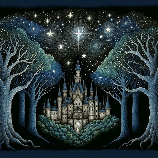 A magical, whimsical depiction of Hogwarts Castle surrounded by the Forbidden Forest, with a starry night sky and a hint of magical creatures peeking out from the trees.