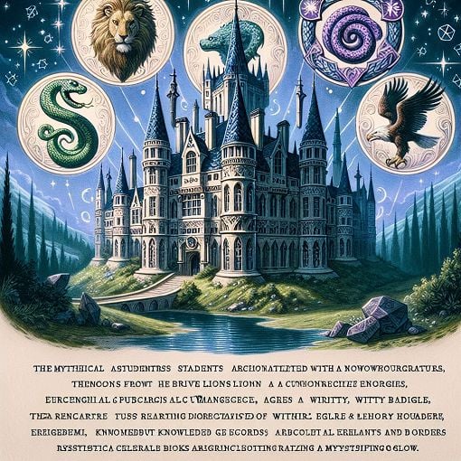 A whimsical illustration of Hogwarts with four distinct house crests: Gryffindor Lion, Slytherin Serpent, Ravenclaw Eagle, Hufflepuff Badger, surrounded by magical elements like wands, spell books, and glowing stars.