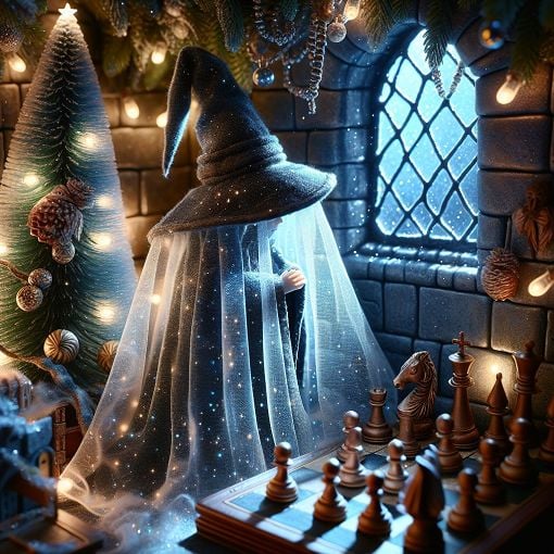 A magical scene depicting Harry Potter with an Invisibility Cloak in a cozy Hogwarts setting, with a Christmas tree and Wizard Chess pieces in the background.