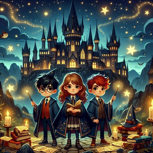 A vibrant and magical depiction of Hogwarts with Harry Potter, Hermione Granger, and Ron Weasley standing in front of the castle, surrounded by magical elements like wands and spellbooks.