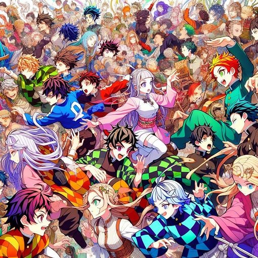 A colorful and vibrant illustration of various characters from the anime/manga 100 Kanojo, depicting a lively scene with interactions among the characters, in a playful and whimsical style.