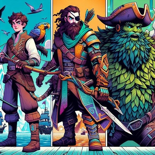 A colorful illustration depicting various characters and locations from League of Legends, featuring champions like Quinn, Gangplank, and Ivern, set against the backdrop of a fantasy world with elements like the Freljord, Bilgewater, and Demacia.