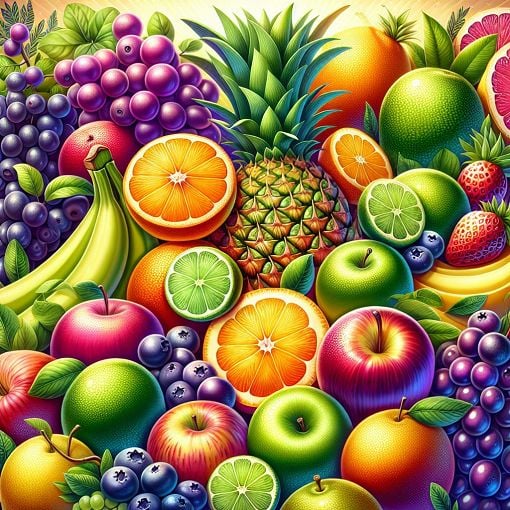 Create a colorful and vibrant fruit-themed illustration featuring various fruits like limes, oranges, apples, blueberries, grapes, bananas, pineapples, and pears in a cheerful setting.