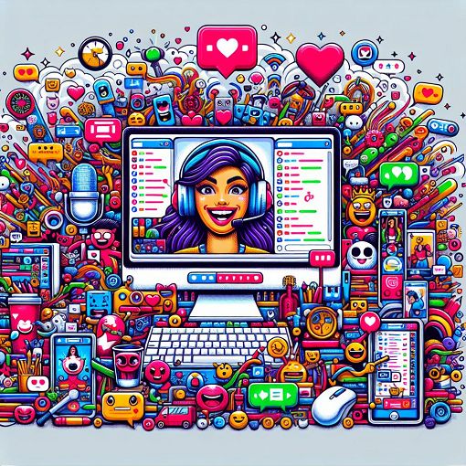 A digital illustration of a vibrant live streaming setup with colorful graphics and characters inspired by a quirky online community, featuring elements like a computer screen showing a chat interface, a funny character wearing a headset, and various playful icons that represent streaming culture.