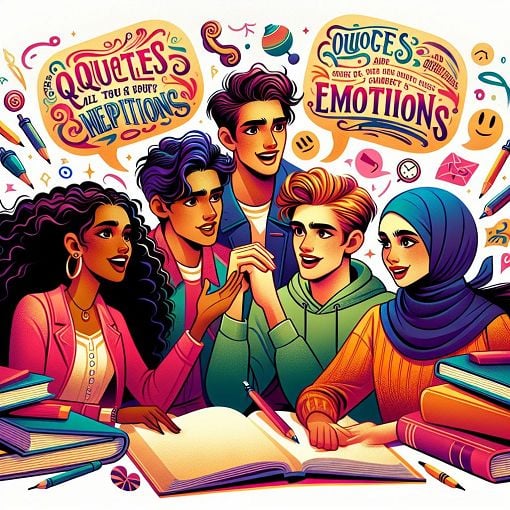 Create an illustration representing characters from a teen graphic novel who are discussing quotes and emotions in a vibrant school setting, with a touch of whimsy and youthful energy.