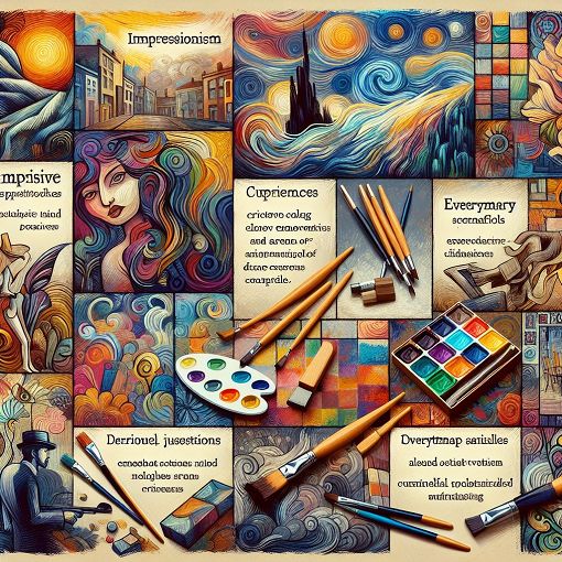 An artistic representation of famous artworks and artists in a vibrant, colorful collage style, showcasing elements from various art movements such as Impressionism, Surrealism, and Modern Art.