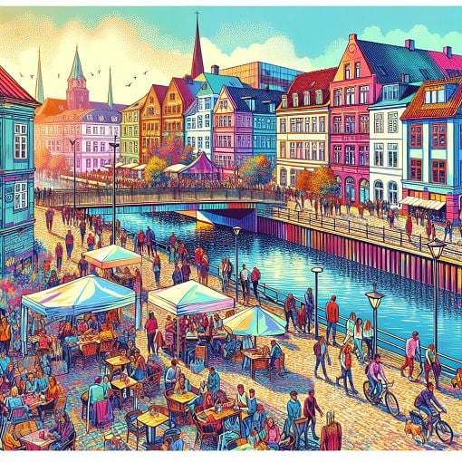 A vibrant illustration of Aalborg cityscape with local cultural elements like a bridge, bars, and people enjoying life, in the style of Danish art.