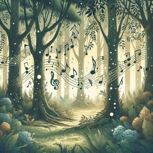 A whimsical illustration of a forest with musical notes, representing the dreamy atmosphere of Taylor Swift's 'folklore' album.