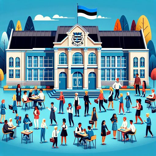 A vibrant illustration of Tallinna Mustamäe Gümnaasium building with students and teachers interacting, surrounded by the colors of the Estonian flag, evoking the school spirit.