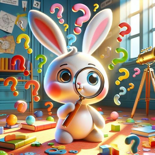 A whimsical cartoon-style rabbit holding a magnifying glass, surrounded by colorful question marks and thought bubbles, set in a vibrant, playful environment that evokes curiosity and exploration.