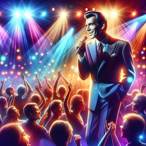 A vibrant concert scene featuring Jaak Joala singing on stage, with colorful lights and an engaged audience, capturing the essence of timeless music and joy.