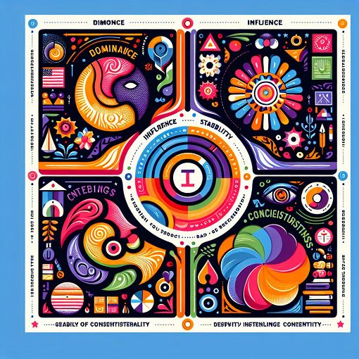 A vibrant and engaging infographic illustrating the DISC personality types with visuals representing various traits and behaviors, in a colorful and inviting style.