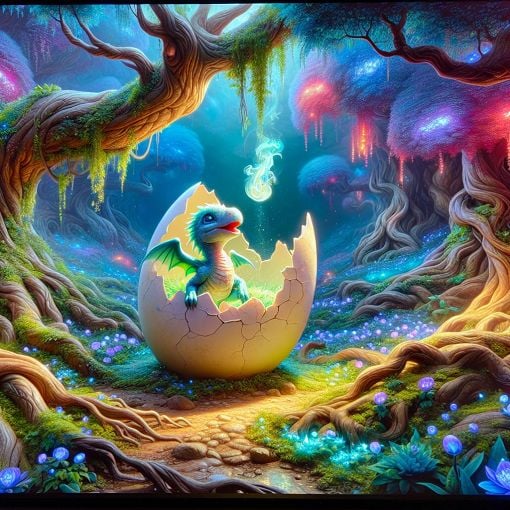 A whimsical illustration of a baby dragon hatching from an egg in a magical forest, with vibrant colors and a whimsical atmosphere