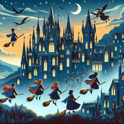 A whimsical illustration of Hogwarts castle with students flying on broomsticks, evoking the magical atmosphere of Harry Potter.