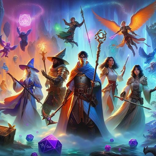 An epic fantasy illustration showcasing characters inspired by tabletop gaming, with vibrant colors and a whimsical atmosphere, set in a magical realm.