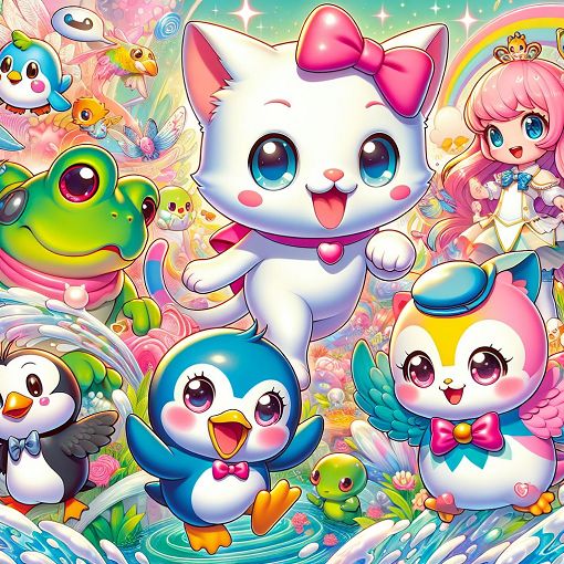 A whimsical illustration featuring various Sanrio characters with playful backgrounds, showcasing distinct personalities and traits, vibrant colors and a fun atmosphere.