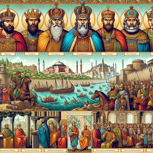 A detailed vintage illustration of Byzantine history, featuring notable emperors, key events, and iconic monuments, in a vibrant and educational style.