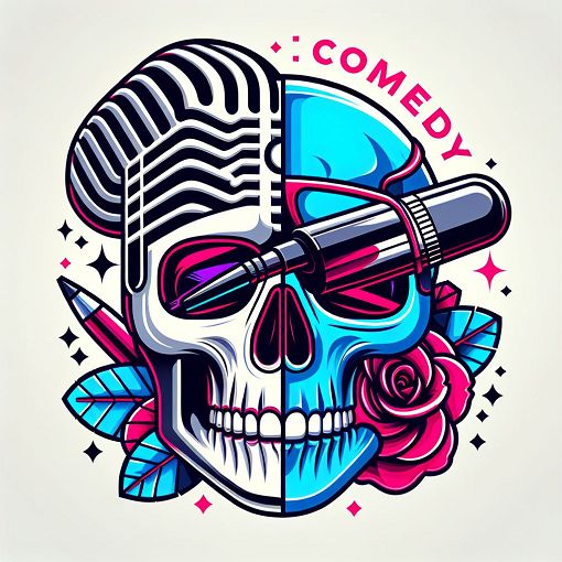 A vibrant and engaging illustration featuring elements of comedy and true crime, such as a microphone, a skull, and hints of the podcast's funny yet dark themes, all blended in an eye-catching design.