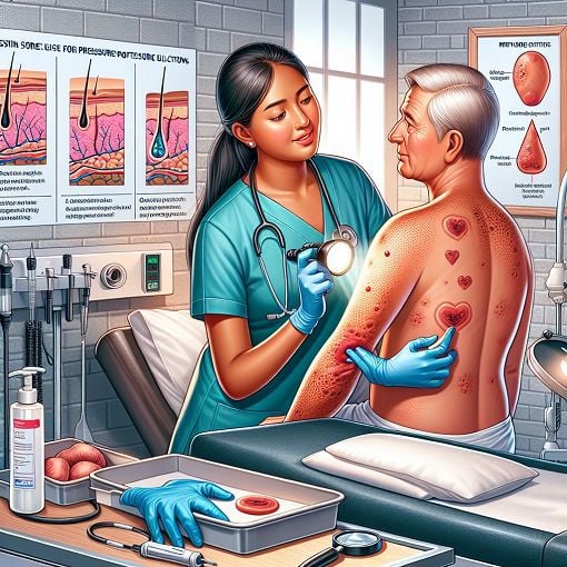 Generate an educational illustration depicting a healthcare professional assessing a patient for pressure ulcers, showcasing various related medical equipment and visual guides about pressure sore prevention.