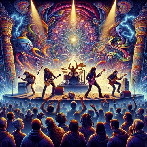 Create a vibrant and colorful illustration of a live music scene featuring a dynamic rock band playing on stage with psychedelic visuals in the background, surrounded by enthusiastic fans.