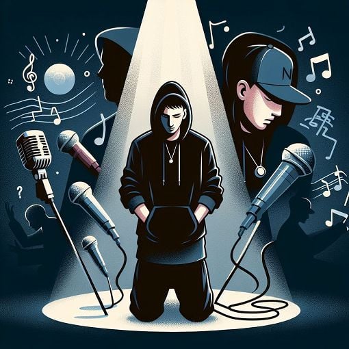 An album cover style image featuring NF in a creative illustration with musical elements, representing his journey and lyrical themes.