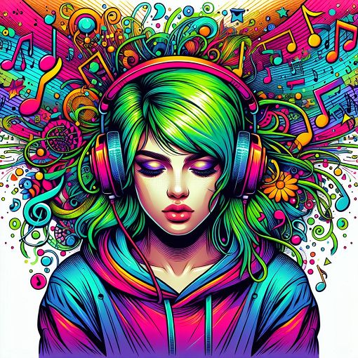 A vibrant, colorful illustration of a young woman with green hair, wearing oversized clothes and listening to music on headphones, surrounded by musical notes and symbols, depicting a love for Billie Eilish.