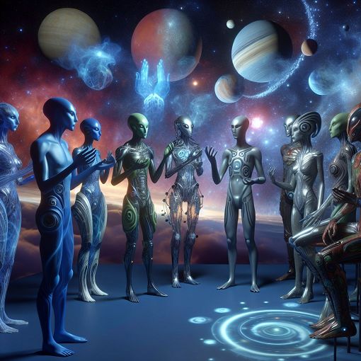 Create an image of a futuristic galaxy setting with a diverse group of aliens discussing in front of a backdrop of stars and planets, symbolizing different ideologies and philosophies.