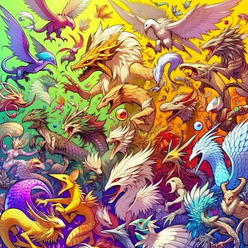 A vibrant and colorful illustration of various Digimon characters, showcasing both male and female designs in a dynamic and playful setting, emphasizing a fun and engaging mood.