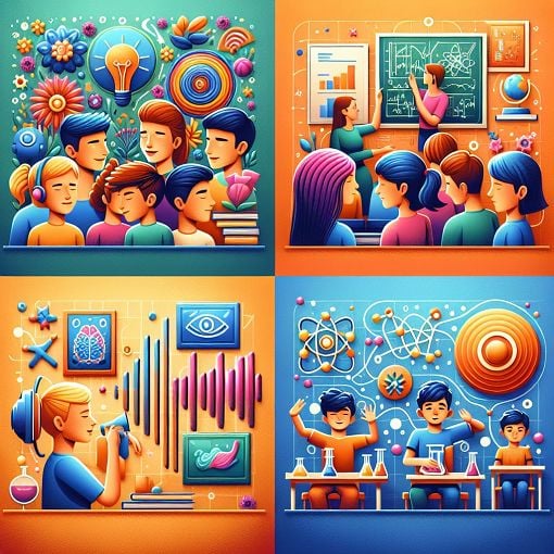 A vibrant and colorful image depicting different styles of learning: visual, auditory, and kinesthetic, with students engaged in various educational activities.