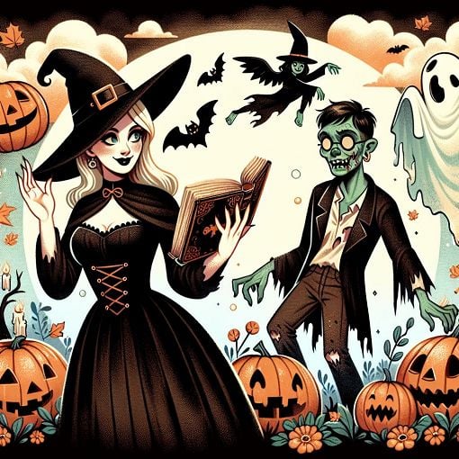 A whimsical Halloween-themed illustration featuring various Halloween characters like witches, ghosts, and zombies in a festive atmosphere with pumpkins and a full moon.