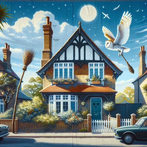 A whimsical illustration capturing the essence of Harry Potter's early life, featuring the Dursleys' home on Privet Drive with magical elements like a broomstick and an owl flying in the sky.