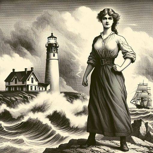 A beautiful, historical illustration of Grace Darling standing in front of a lighthouse, with stormy seas and a shipwreck in the background, embodying courage and bravery.