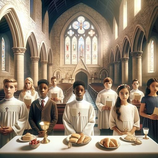 Create an illustration of a peaceful church setting with children receiving First Communion, surrounded by soft light and religious symbols like bread and wine, to reflect the spiritual journey.