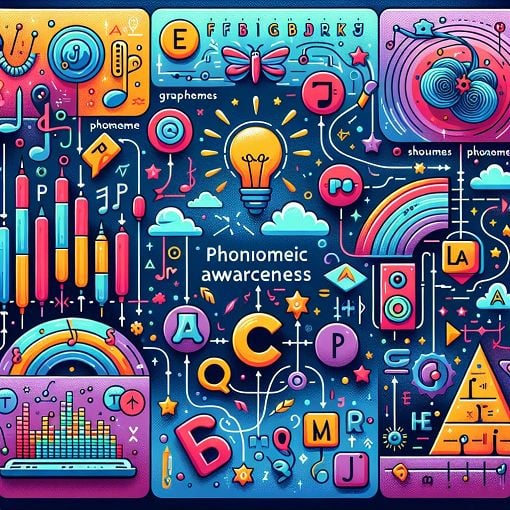 A colorful and educational illustration depicting phonemic awareness concepts such as graphemes, phonemes, and phonological awareness, including visual elements like letters and sound waves.