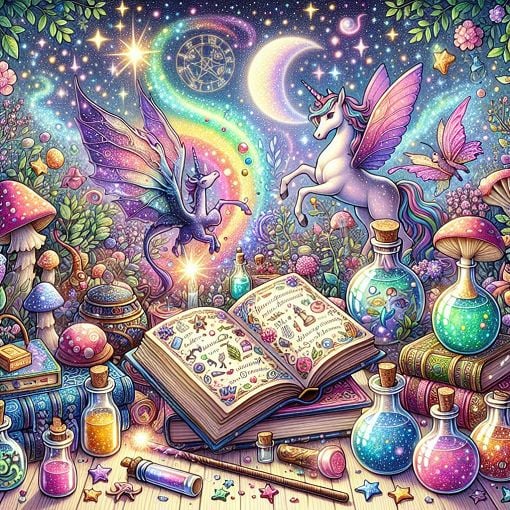 A whimsical illustration of spellbooks, potions, and wands in a mystical setting, featuring a colorful background with magical creatures