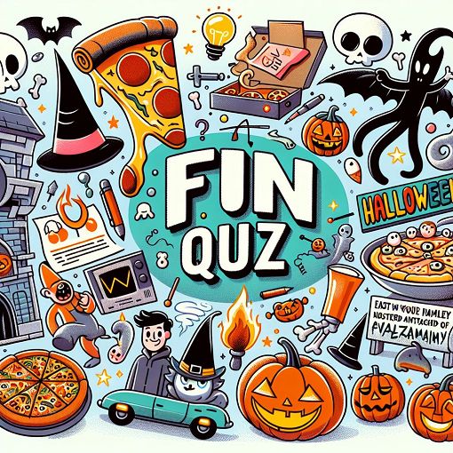 A vibrant and engaging illustration representing pop culture references, quiz themes, and a playful atmosphere. Include elements related to various quiz topics like pizza, Halloween, and characters from famous shows.