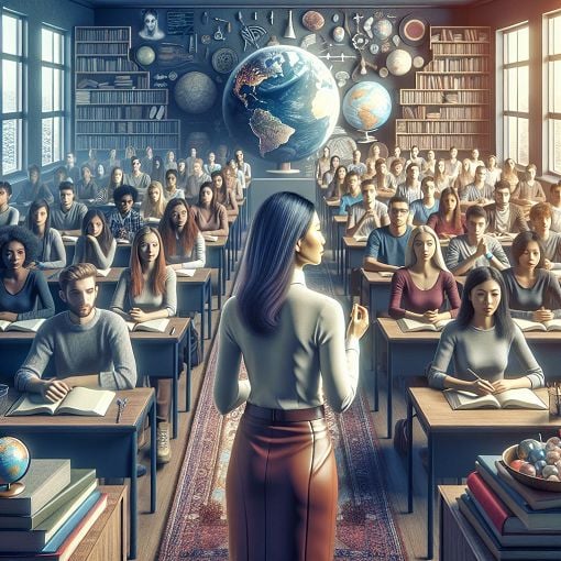 A conceptual illustration of a college professor standing in front of a classroom, engaging with students, surrounded by books and educational tools, emphasizing knowledge and learning