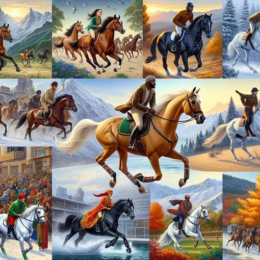 Create an image of a diverse group of equestrian riders in various styles and settings, with horses of different breeds and colors, showcasing the joy and community of horseback riding.