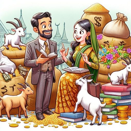 Create an artistic and whimsical illustration of a couple discussing their marriage worth, surrounded by symbols of wealth and culture like goats, rice, and books, in a lighthearted and cartoonish style.