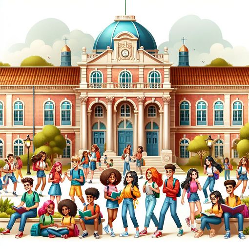 A colorful and vibrant illustration depicting the historic architecture of Colégio Pedro II, with students studying and interacting in a lively school environment.