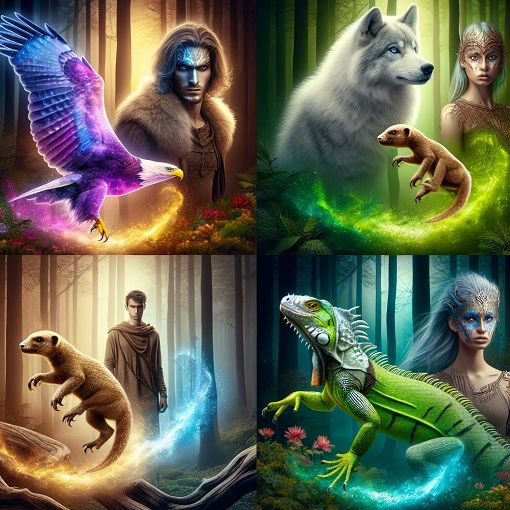 A mystical scene depicting various shapeshifters in vibrant colors, showcasing diverse forms and abilities in a magical forest setting.