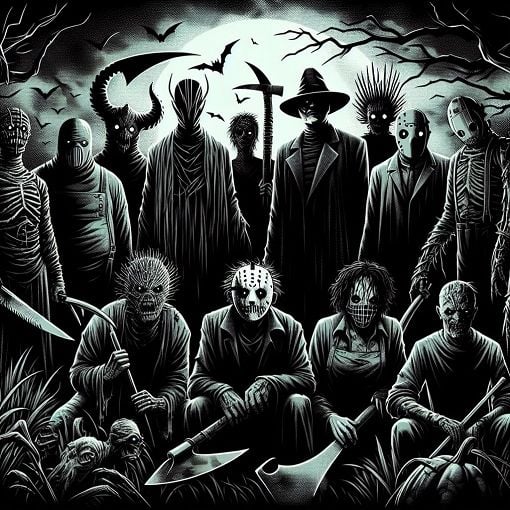 A spooky, dark-themed illustration featuring a mix of iconic horror movie slashers in a haunting atmosphere.