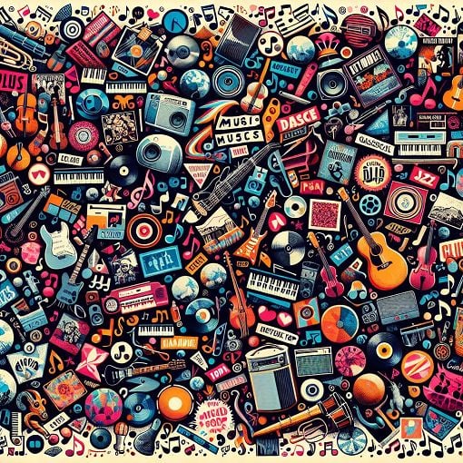 A colorful collage of various music genres including Alternative, Blues, Classical, Country, Dance, Folk, Hip-Hop, Jazz, Metal, Pop, Rock, with musical notes and instruments in the background.