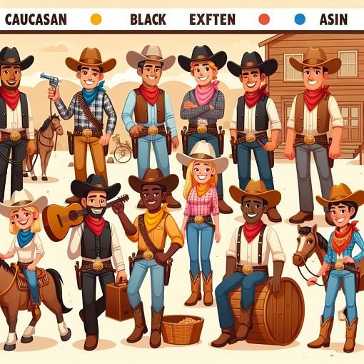 A vibrant and humorous illustration depicting cowboys in a ranch setting, with a mix of playful action and camaraderie. The scene should reflect a light-hearted and comedic atmosphere, capturing elements from the Ram Ranch stories.