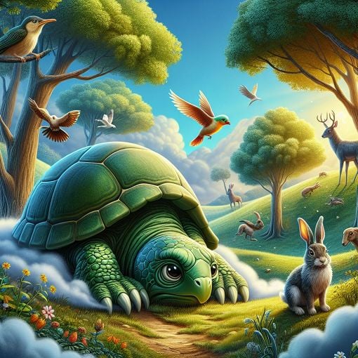 A charming illustration of a sad turtle without its shell, surrounded by animals like a bird and a hare in a beautiful outdoor setting, with a touch of whimsy and inspiration.