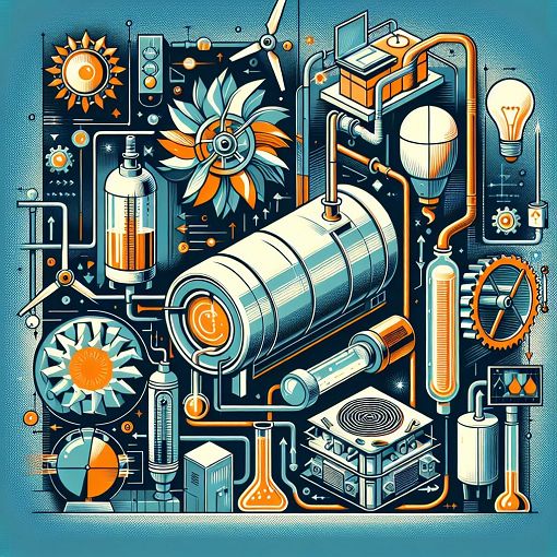 A visually appealing illustration depicting the concepts of thermodynamics, including an insulated tank, air turbines, heat exchange processes, and refrigeration, with a warm color palette to reflect energy and dynamics.