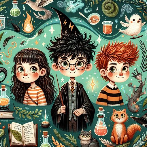 A whimsical and magical illustration featuring Harry Potter characters in a fantastical setting with elements like wands, potions, and mythical creatures, capturing the essence of a Hogwarts adventure.