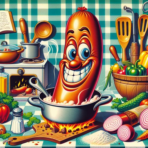 A cartoon-style illustration of a funny sausage character cooking in a whimsical kitchen with playful kitchen utensils and ingredients scattered around.