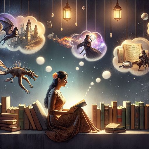 A whimsical illustration of a person seated in a cozy corner surrounded by books of various genres, with gently floating thought bubbles depicting fantasy, sci-fi, mystery, and historical fiction elements.